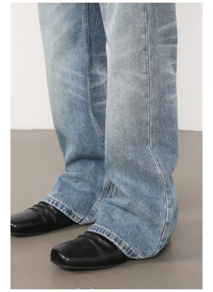 Quần jean nam ống loe nhẹ dáng rộng thoải mái, vải denim xử lý bạc màu — màu xanh, màu xanh nhạt, màu xám đen chi tiết 9