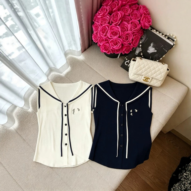 Trendy Brand Knitted Chanel-Style Logo Navy Collar Sleeveless Slim-Fit Slimming Women's Top, New Summer 2026 Model