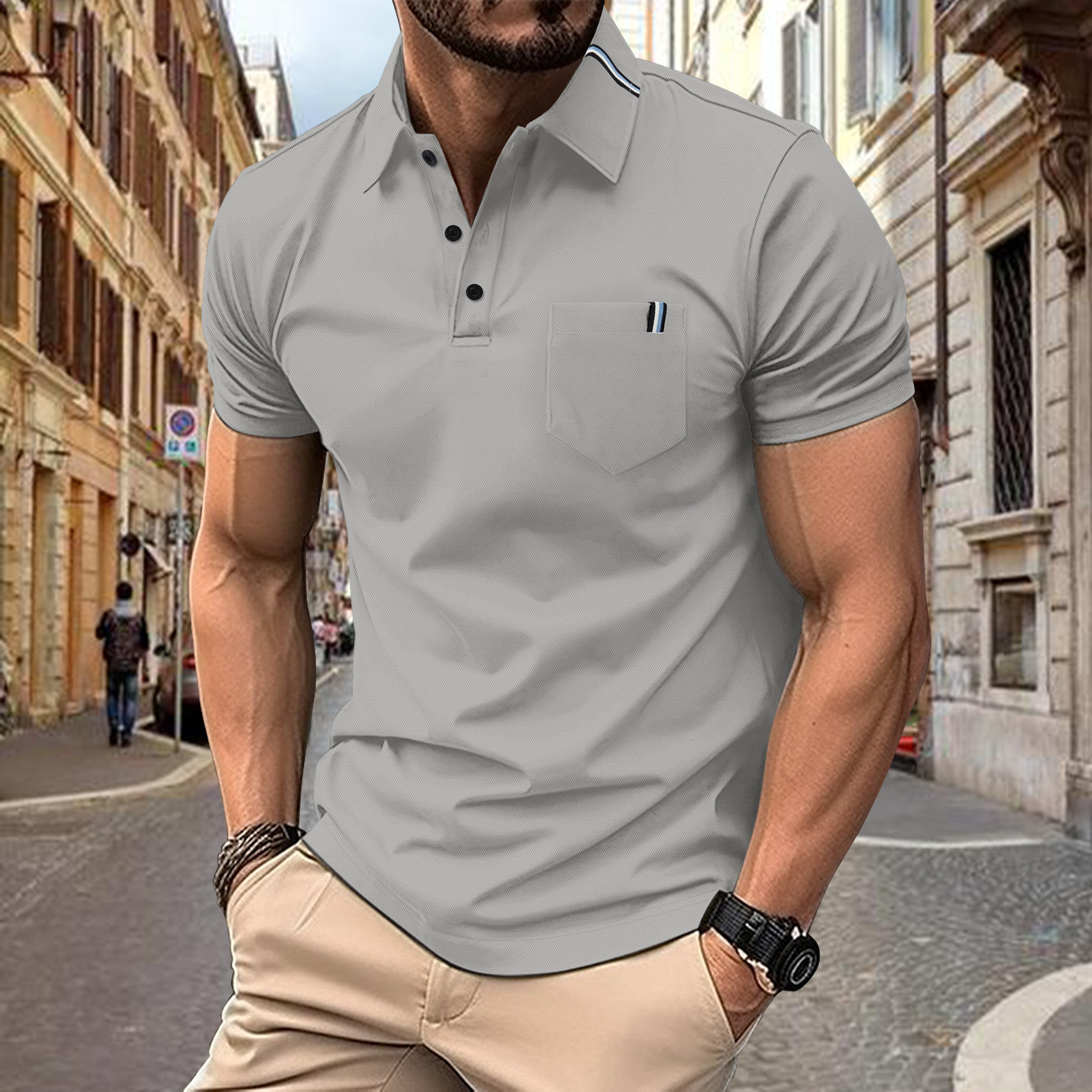 Cross-border Summer New European and American Men's Casual Sports Solid Color Patchwork Webbing Collar Short-sleeved Polo Shirt