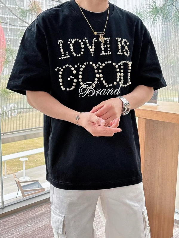 オリジナル品質のGOODビーズクラフトスローガンLOVEカジュアルベーシック多用途ルーズ半袖Tシャツ男性と女性用|undefined