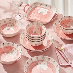 かわいい釉下色の陶器の食器と皿のセット、家庭用の見栄えの良いボウル、皿、スプーン、箸、ボウルと一人用の箸