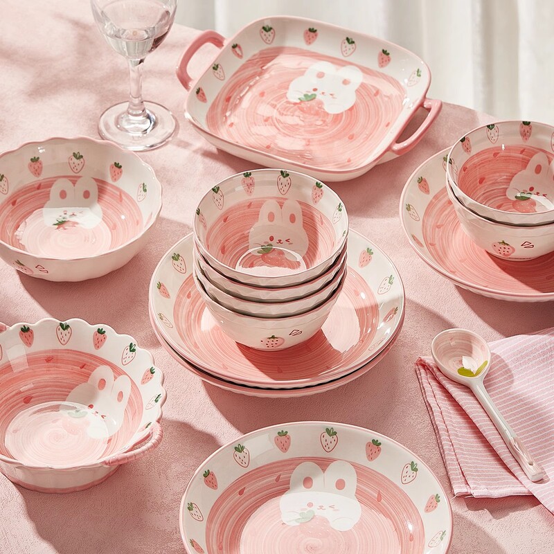 Cute Underglaze Ceramic Tableware and Dishes Set for Home Use, High-Looking Bowls, Plates, Spoons, Chopsticks, Bowls and Chopsticks for One Person