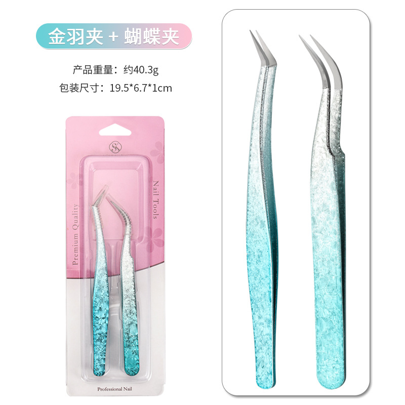 Joyería de uñas de precisión transfronteriza pinzas Flor de hielo galvanoplastia delfín Pluma de Oro Clip 2 unidades traje pinzas herramientas de uñas