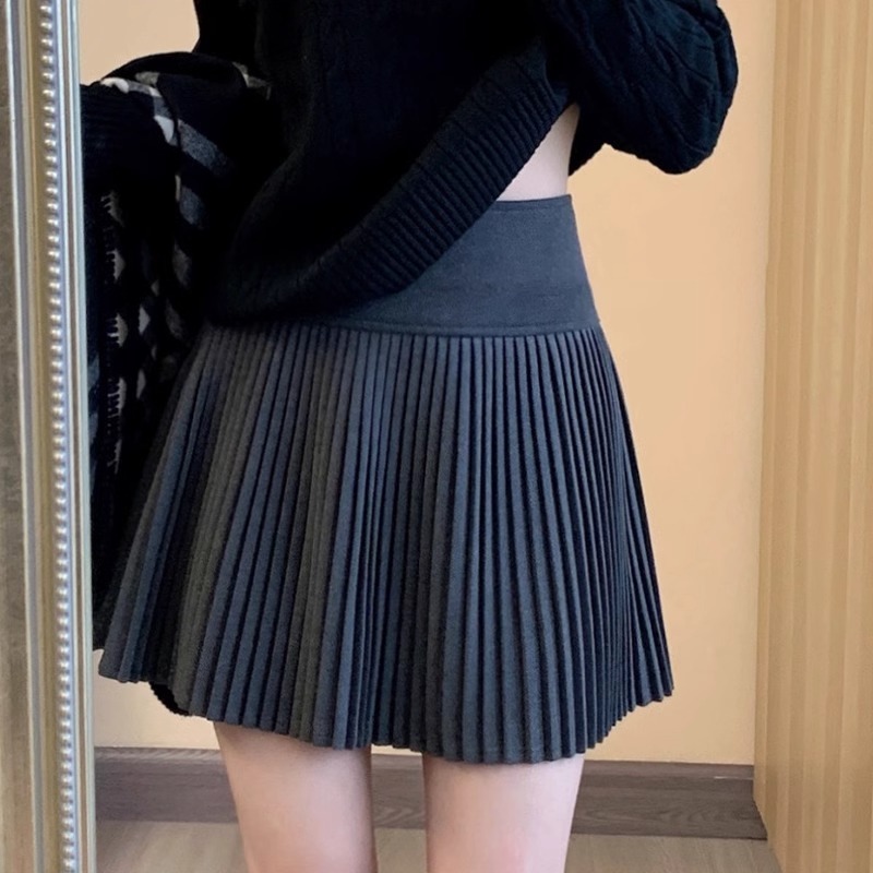 大きいサイズの太ったmmの韓国系の復古の灰色のスカートの女性の春の高い腰はやせていて、光のa字の短いスカートを防ぎます。|undefined