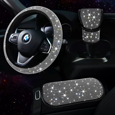 New Fashionable Full-Diamond Car Steering Wheel Cover for Women, Universal Crystal Flash Diamond Anti-Slip Handlebar Cover for All Seasons (Steering wheel cover) - white-38cm