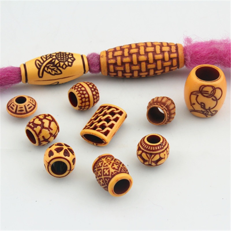 DIY Jewelry Accessories Carved Large-Hole Plastic Wood Beads Hair Extension Rings Black Hair Braid Decorations Hair Clips