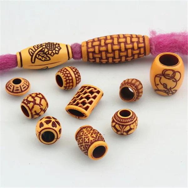 DIY Jewelry Accessories Carved Large-Hole Plastic Wood Beads Hair Extension Rings Black Hair Braid Decorations Hair Clips
