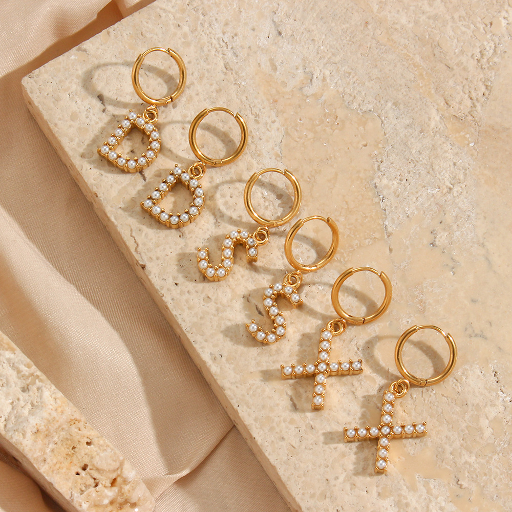 Pearl Inlaid Letter Stainless Steel Pendant Earrings