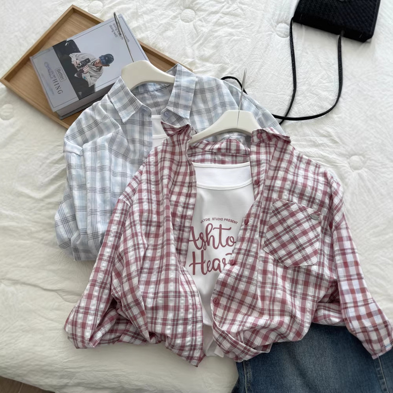 Designed Pink Plaid Sun-Protective Shirt for Women, Two-Piece Set for Commuting, Loose Fit, Flattering, Turn-Down Collar, Long-Sleeve Shirt 6668