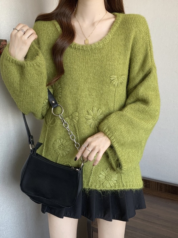 重工立体花朵刺绣套头毛衣女2025秋冬新款韩版宽松休闲针织上衣厚|undefined