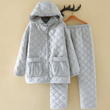 蓝色夹棉睡衣女士秋冬季三层加厚防风防水法兰绒保暖家居服套装