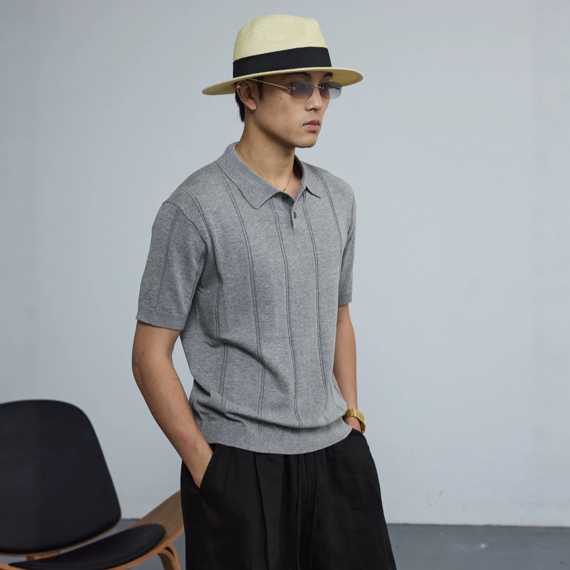 Focusstorm Tencel Linen Blend Old Money Style Ribbed Shoulder Collar Short-Sleeve Polo Shirt
