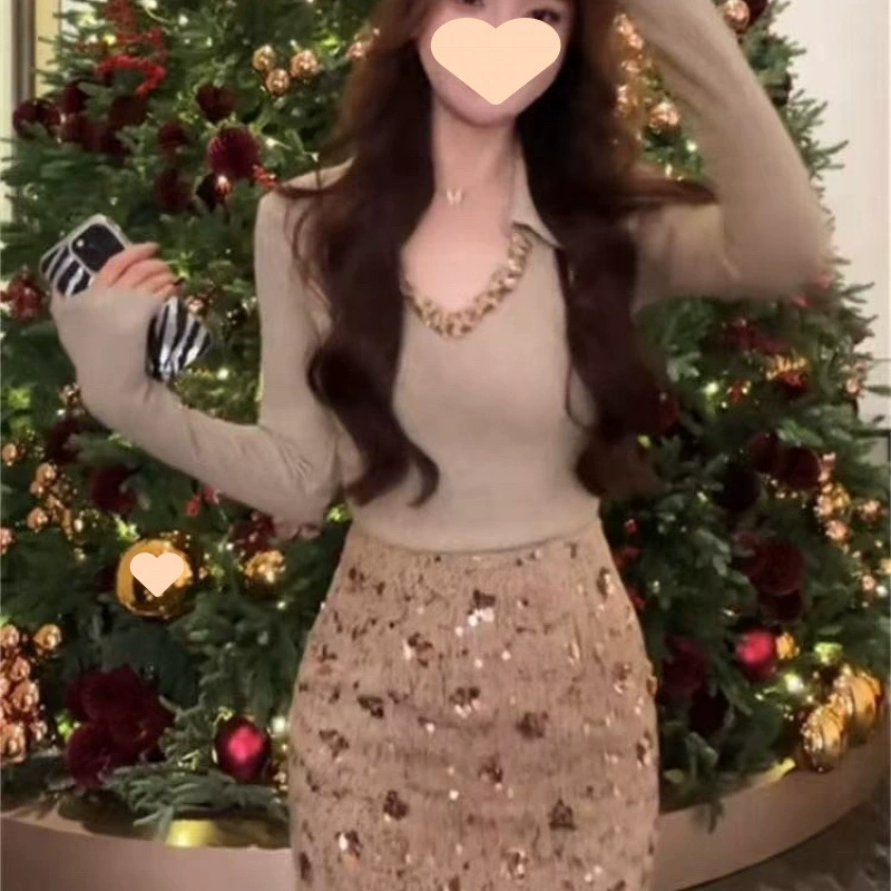 Французский топ с вставками, осенне-зимняя новинка, юбка с высокой талией и тяжелыми пайетками, облегающий костюм из двух предметов в стиле чистой страсти