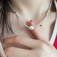 S925純銀彩色水晶珍珠圓珠項鏈女韓國簡約設計師款創意鎖骨鏈