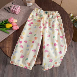 Korean Children's Casual Pants 2025 Spring Girls Trendy Colorful Heart Print Straight Wide-Leg Pants