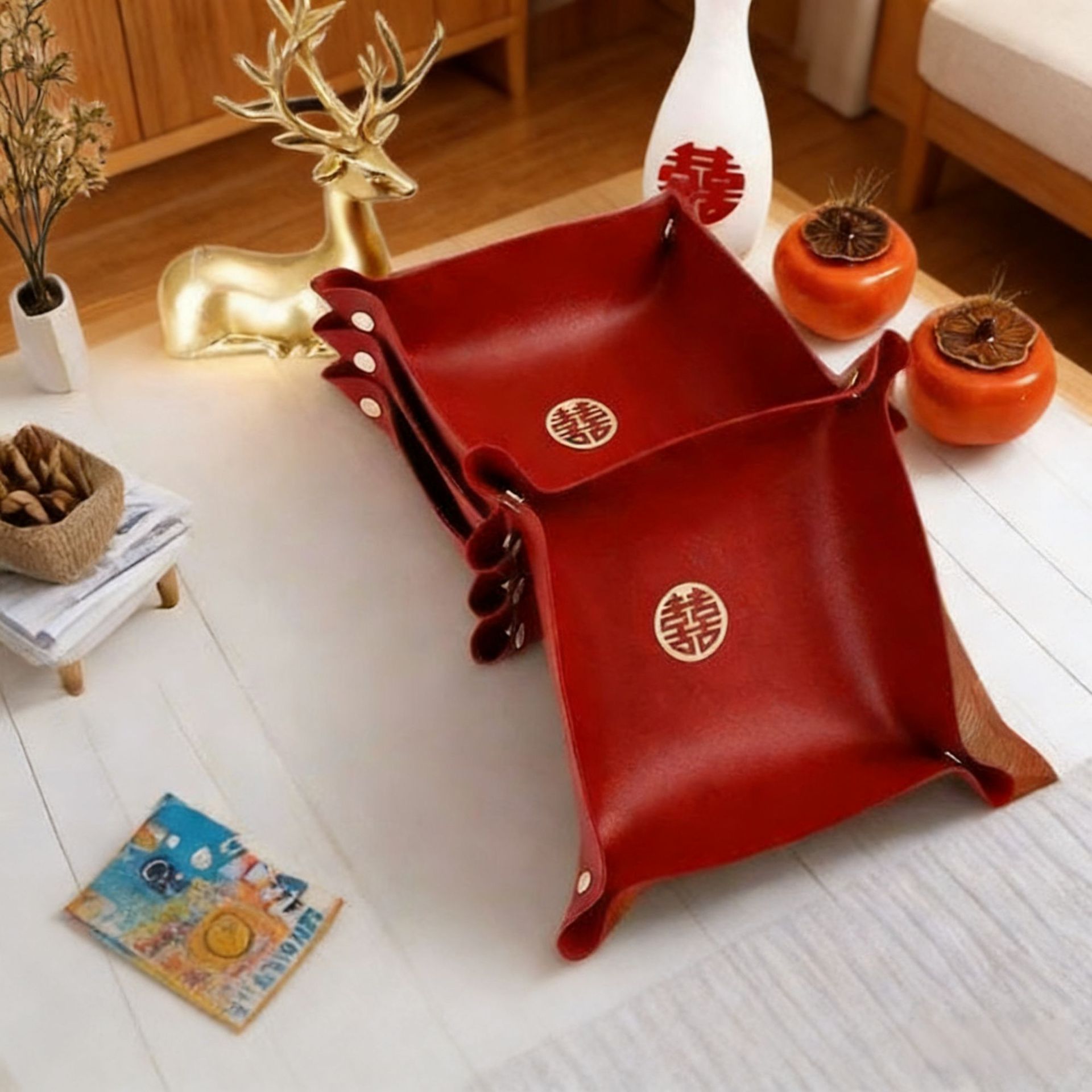 便携折叠皮革按扣托盘首饰珠宝收纳盘婚礼糖果包装喜盘可定制logo