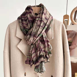 自然皱棉麻围巾女怀旧复古秋冬文艺风新百搭长巾日系外搭防晒披肩