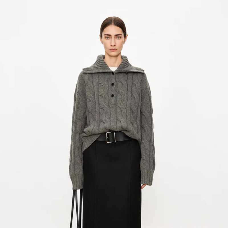 J*C Sheep Wool Cable-Knit Half-Cardigan Design Turtleneck Sweater Autumn and Winter Thickened Pullover Knitwear