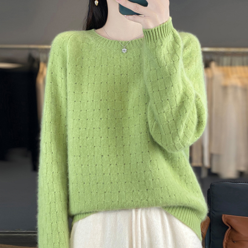 2026 Autumn New Waffle Knit Pure Wool Sweater for Women, Loose Fit, Hollowed-Out Design, Thickened Cashmere Base Layer Top