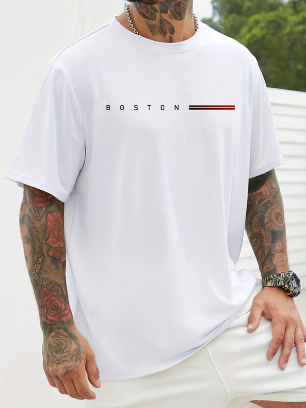 [European Size Cotton T-Shirt] Men's 180g T-Shirt with Boston Pattern Print, Round Neck, Cotton Short-Sleeve T-Shirt, White Polka Dots