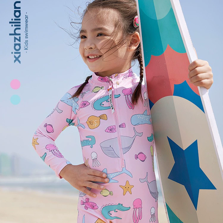 Купальники для девочек Han Fan, Цельный Солнцезащитный крем с длинными рукавами, купальники для маленьких и средних детей, модная одежда для пляжного серфинга для девочек