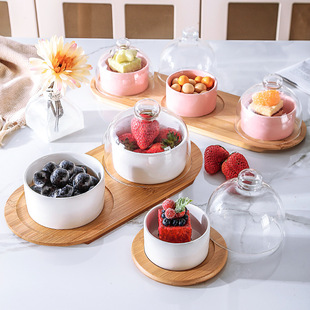 Bamboo Cake Plate with Lid, Salad Dessert Bowl, Ceramic Bread Pudding Cup and Saucer with Glass Lid, Bamboo Tray for Sealing and Preservation