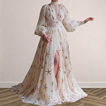 跨境欧美亚马逊夏季新款雪纺亮片v领开叉灯笼袖超大摆礼服连衣裙