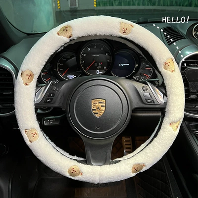 Steering wheel cover – Female Handlebar Cover - plush-embroidered-brown-bear-handle-round-38cm