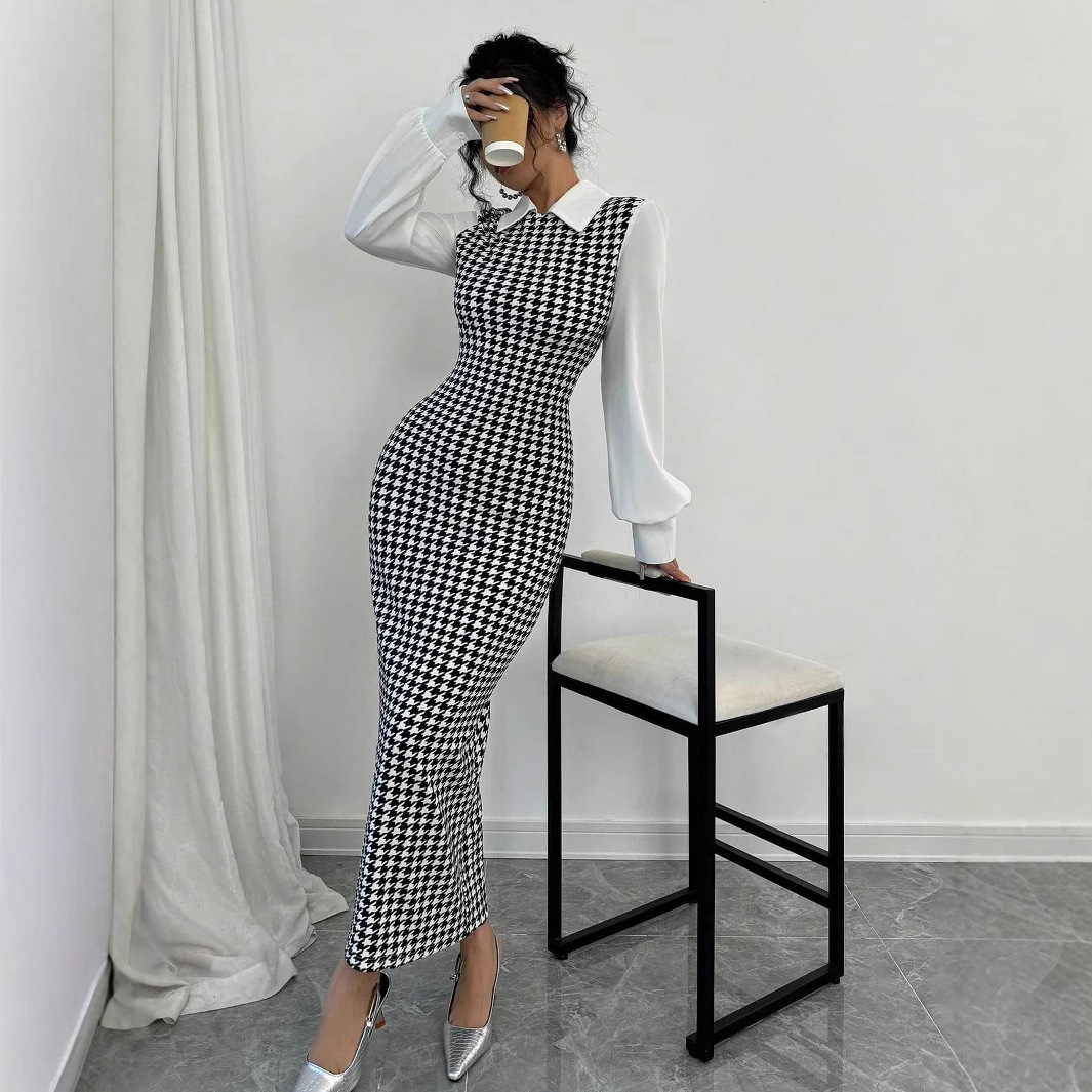 아마존 가을과 겨울 패션 우아한 슬림 퍼프 소매 긴 원피스 유럽과 미국의 국경 하운드 패턴 엉덩이 원피스