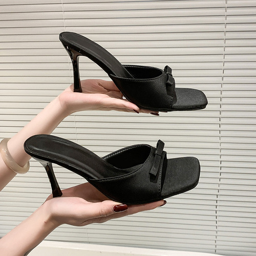 High Heel Slip-On Sandals for Women 2025 Summer Square Toe Plus Size One-Strap High-End Outerwear Thin Heel Butterfly Knot