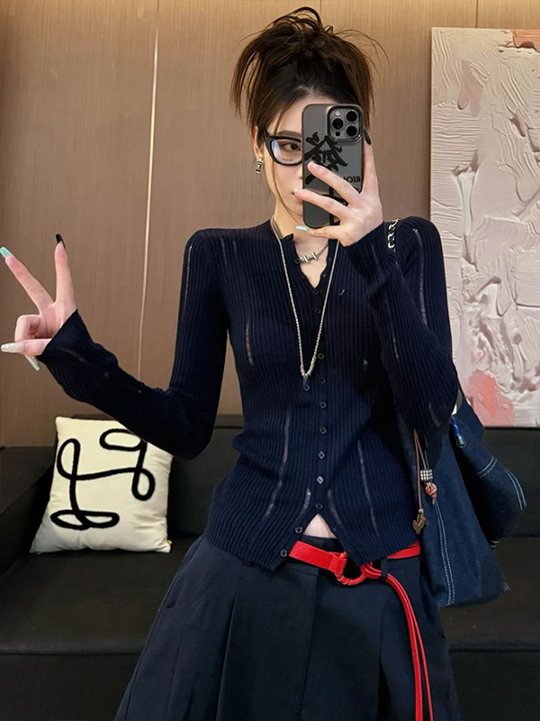 韩系氛围感穿搭灰色v领针织开衫女早秋慵懒宽松系带毛衣外套上衣|undefined