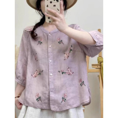 エスニックスタイルの新しい中国風の半袖半袖綿とリネンのシャツ春夏の新しい多用途刺繍絶妙なドーパミンウェア