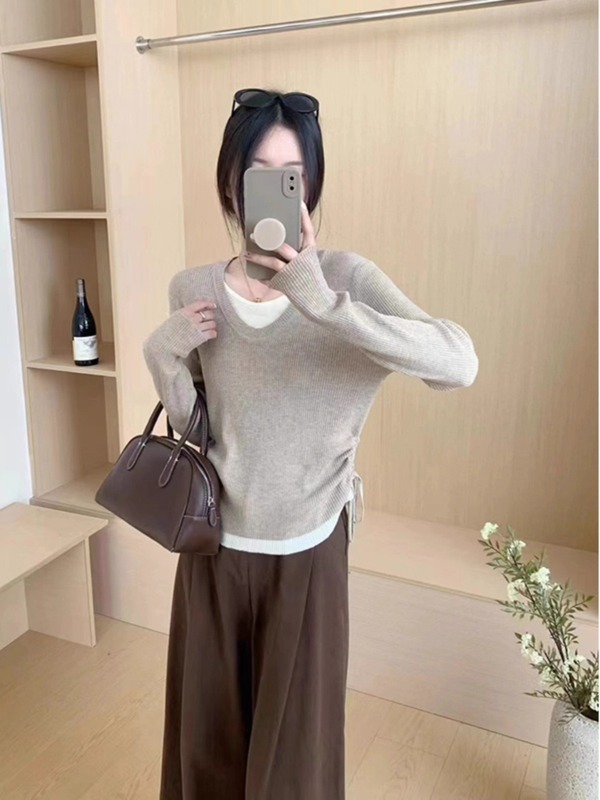 秋装女款2025年新款女士高级感假两件针织衫女高级感百搭拼接上衣|undefined