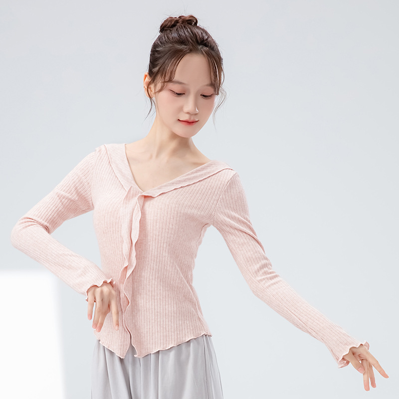 现代舞蹈服女新款修身长袖v领练功服波浪边演出上衣古典舞形体服|undefined