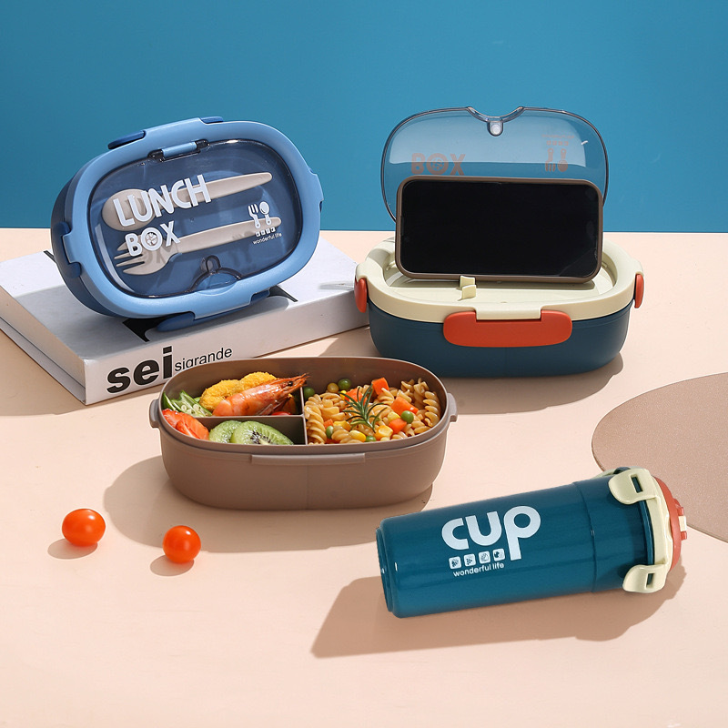 Caja de almuerzo de estilo coreano elíptico simple para estudiantes de oficina, caja de almuerzo portátil, platos divididos con tazas de agua, set de cubiertos