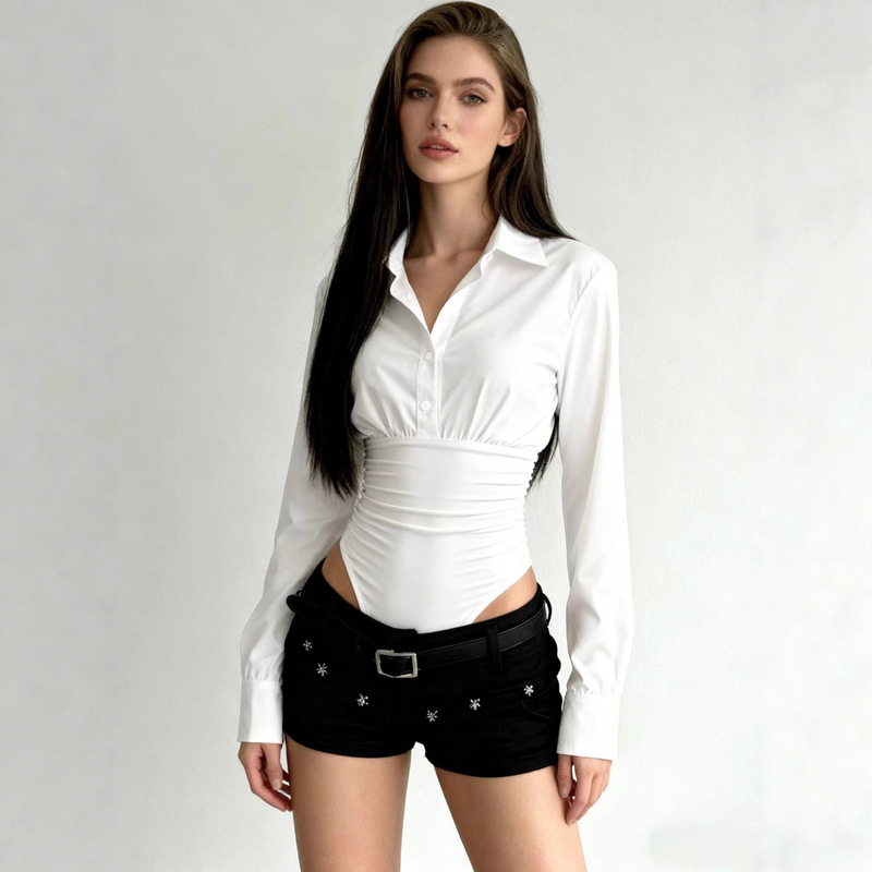 Cross-Border New Product French Commuter Style Buttoned Waist Polo Collar Shirt Sleeves Spliced Pure Color Urban Top T-Shirt for Women Cross-Border New Product French Commuter Style Buttoned Waist Polo Collar Shirt Sleeves Spliced Pure Color Urban Top T-Shirt for Women