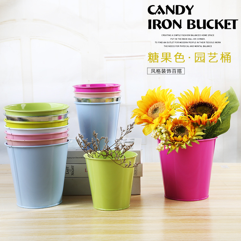 彩色铁皮桶多肉花盆多色铁艺花器水果花铁桶幼儿园画室笔筒收纳