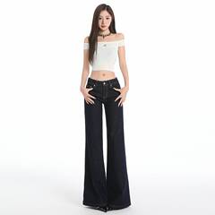 批发深蓝低腰不贴腿喇叭牛仔裤女春夏美式复古辣妹阔腿裤子