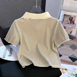 女童娃娃领系带蝴蝶结T恤女短袖夏季中大童新款条纹polo衫翻领潮