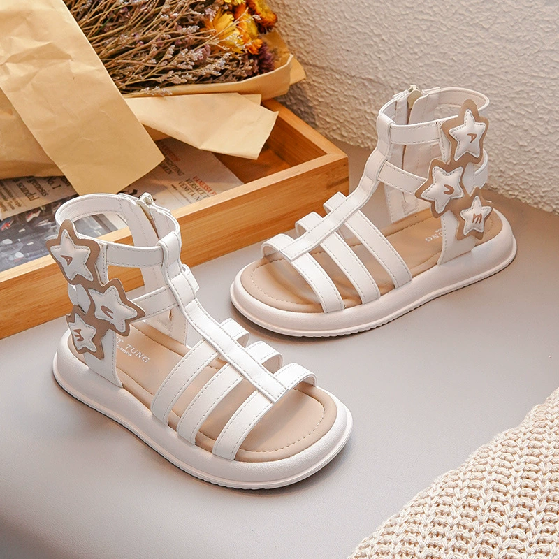 Детские римские сандалии 2024 Летняя мода малыша среднего и старшего ребенка ребенка высокая маленькая девочка принцесса детская обувь