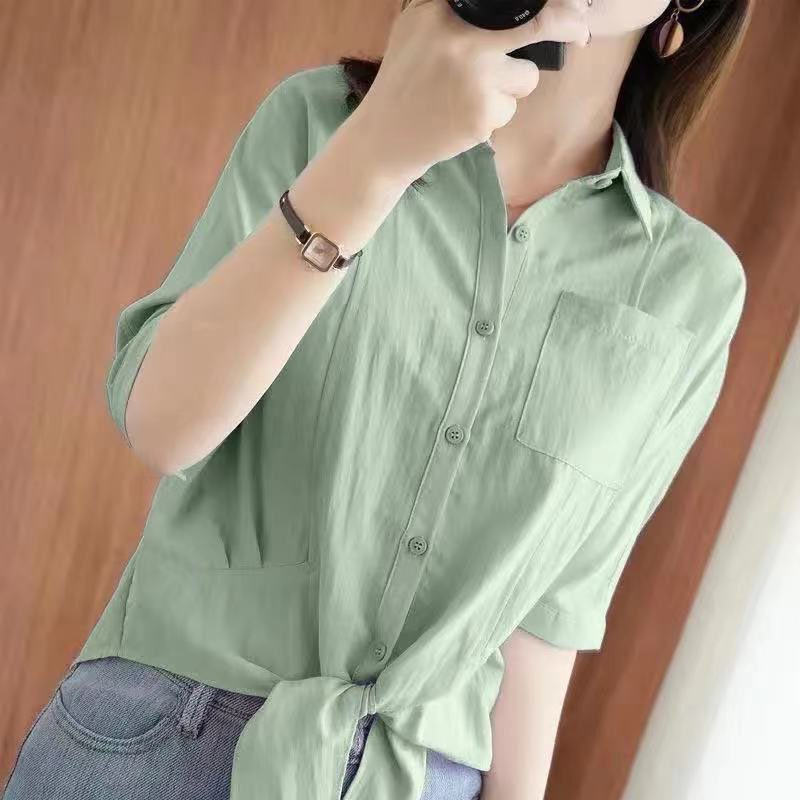 Quarter-Sleeved Shirt Women's Summer Solid Color Sun Protection Shirt Loose Large Size Design Chiffon Shirt Strappy Lazy Top