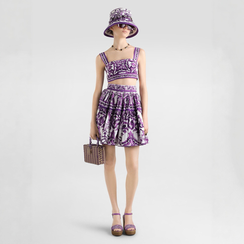 Purple and white clay floral print camisole top, cotton fabric, beautiful back, Sicilian style short corset