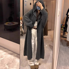 秋冬新长款开衫女韩系慵懒风加厚韩版宽松深灰色连帽针织外套大衣