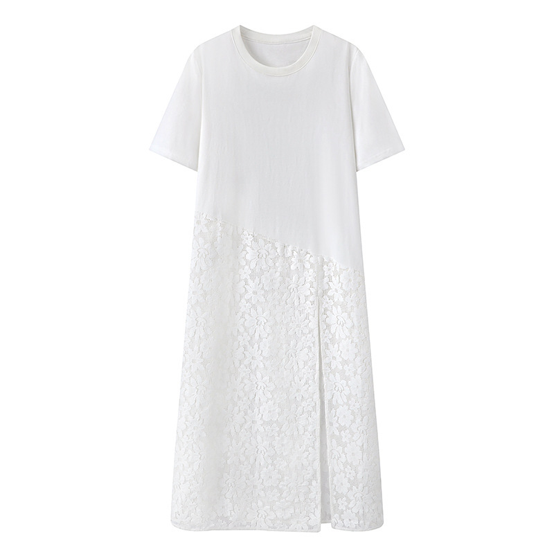00Aa-9023 Long T-Shirt Dress 2025 Summer New Style Cut Out Embroider Lace Stitching Round Neck Short Sleeves White