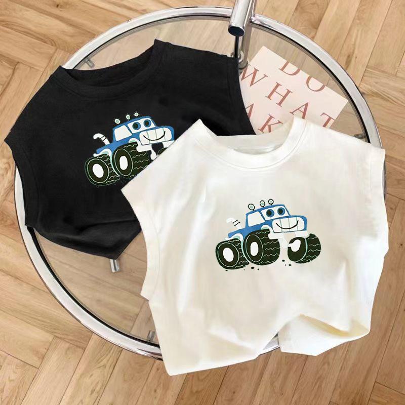 Children's Summer Pure Cotton V-Neck T-Shirt for Boys and Girls, Cartoon Printed Sleeveless Top for Young Children, Thin Style Casual Shirt