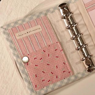 Little Red Book Style Cat Pink Striped M5 Loose-Leaf Notebook Vintage Style Old Cloth Student Portable Pocket Notebook