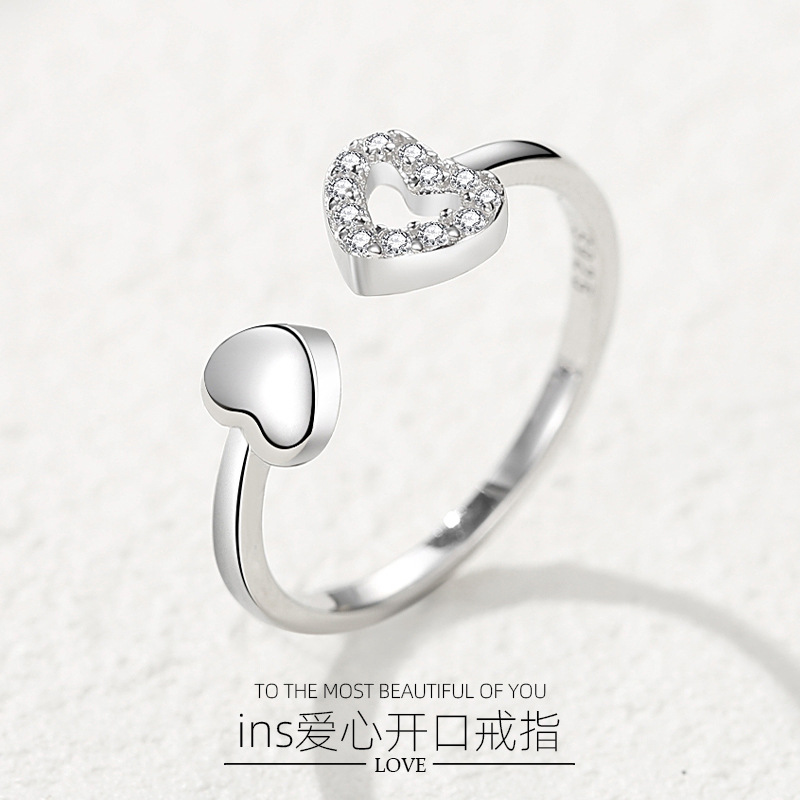 Plata esterlina S925 en forma de corazón a corazón impreso anillo femenino ins estilo abierto Ajustable estilo coreano amor diamante anillo de dedo índice