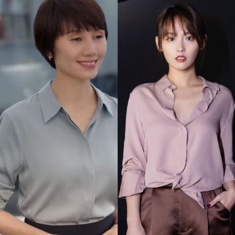 Korean Style, Stylish and Versatile, Same Style as Yuan Quan and Zhang Jiani, Drapey Silky Real Silk Double Georgette Long-Sleeve Shirt