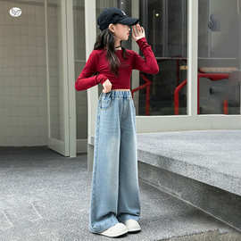 女童牛仔裤2026春季新款中大童后袋樱桃刺绣阔腿裤修身直筒裤批发