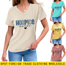 HOSPICE nurse爱心现货V领休闲简约女T恤亚马逊趣味宽松ebay短袖